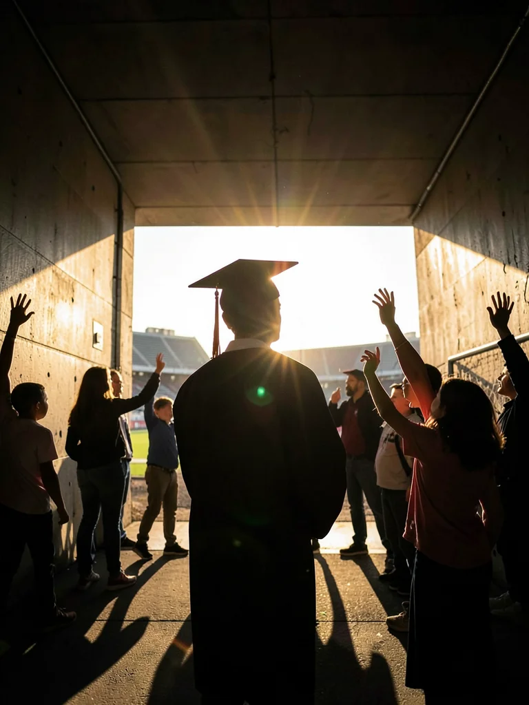 A graduate emerging from a stadium tunnel into the sun, cap and gown silhouetted