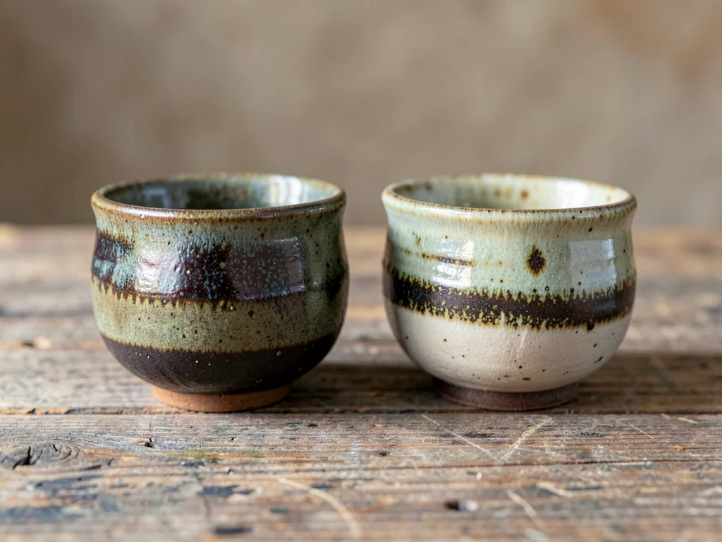 A pair of yunomi tea cups with wood-fire flashing marks side by side on rough wo