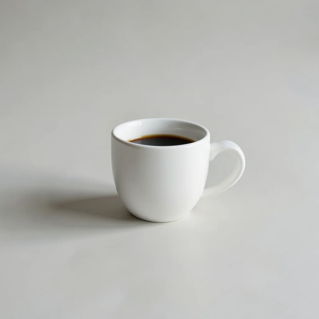 Minimalist studio photograph of a single white coffee cup on a clean matte surface, lots of negative space, soft natural