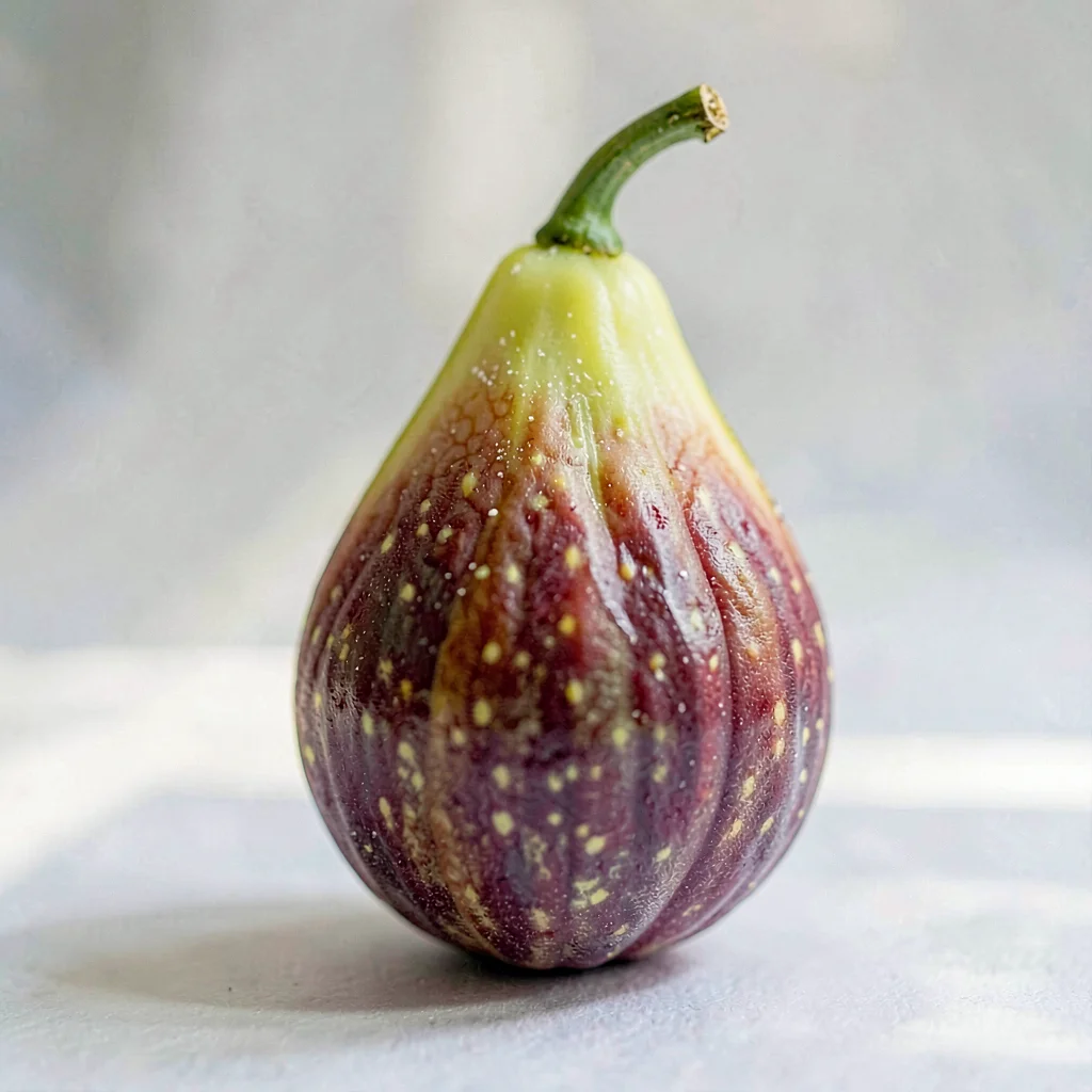 This single fresh fig sits upright showing teardrop shape and a small curved ste