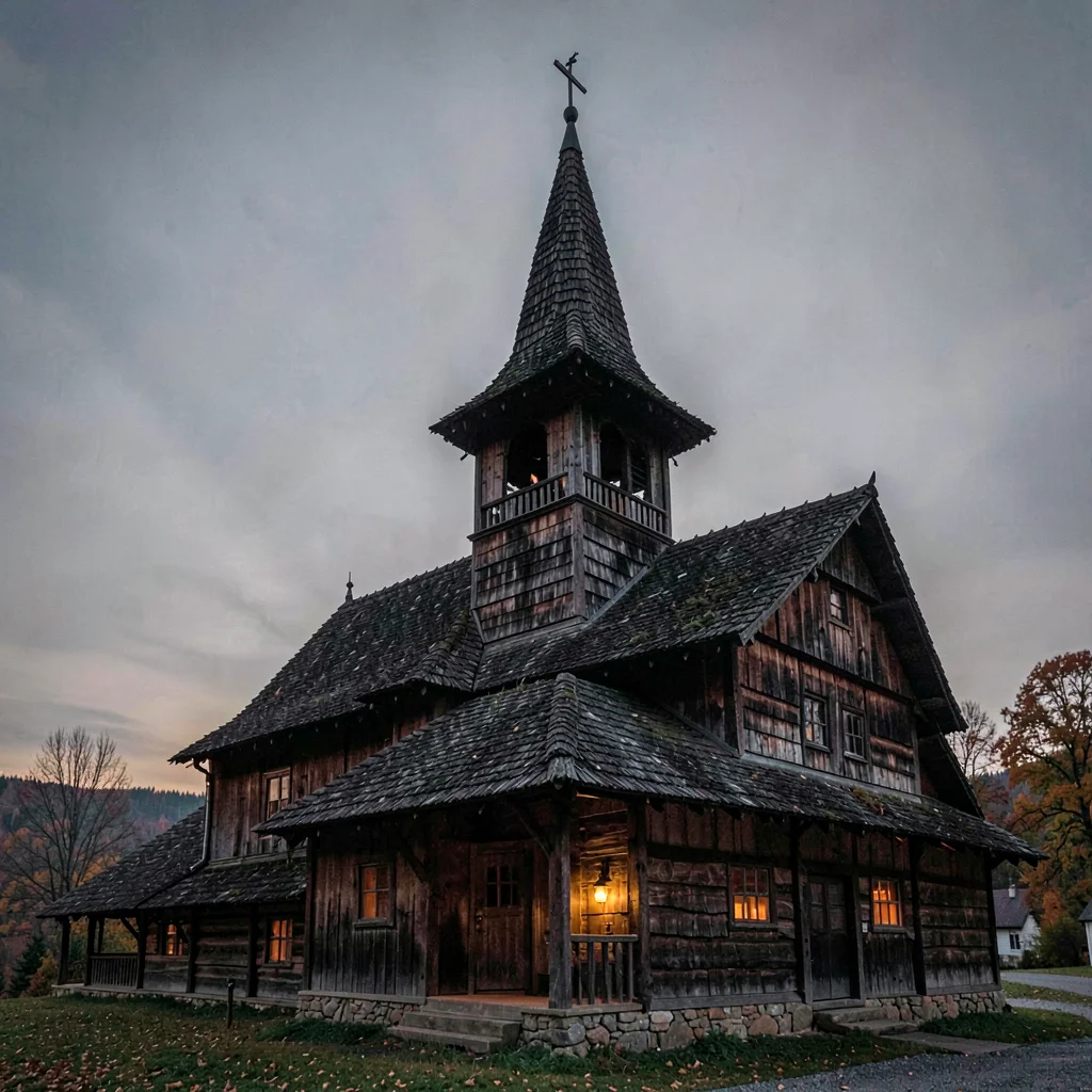 a Romanian Maramures wooden church at autumn dusk, steep oak shingled spire silh