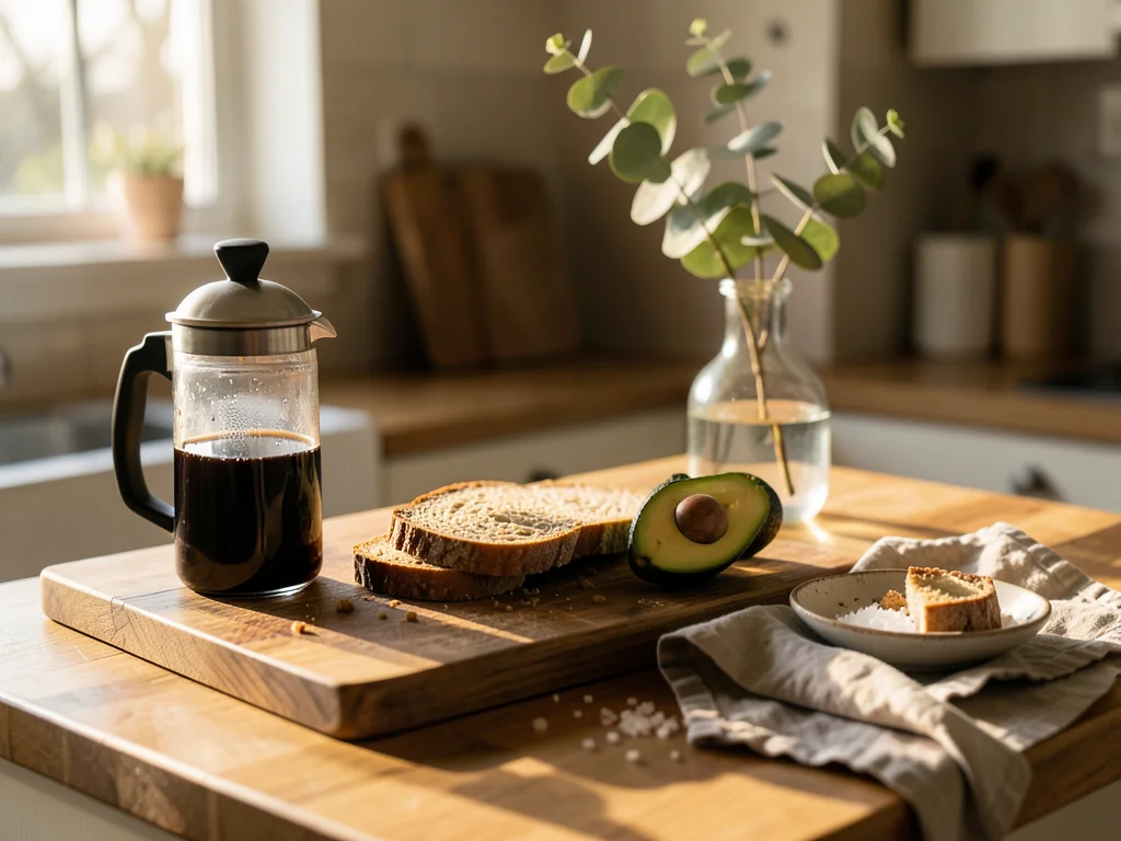 A kitchen counter at 7am with the evidence of a slow morning — a French press ha
