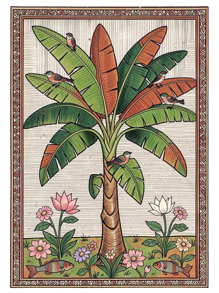 Swaying banana tree — overlapping leaf layers with birds perched, ground flowers