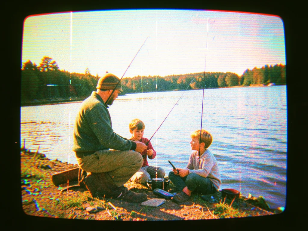 Tape-worn recording of father-child fishing trip, lakeside, nostalgic