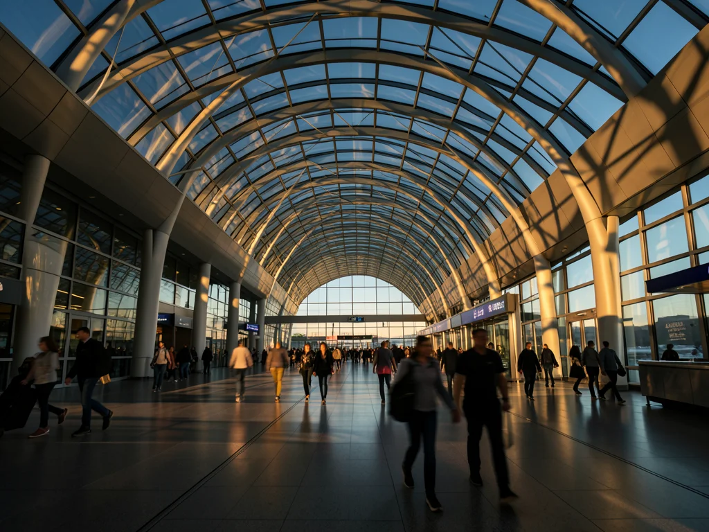 Modern airport terminal with dramatic arching glass ceiling, passengers in motio