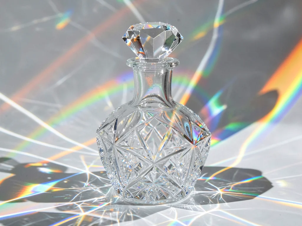 Cut glass decanter creating complex rainbow pattern