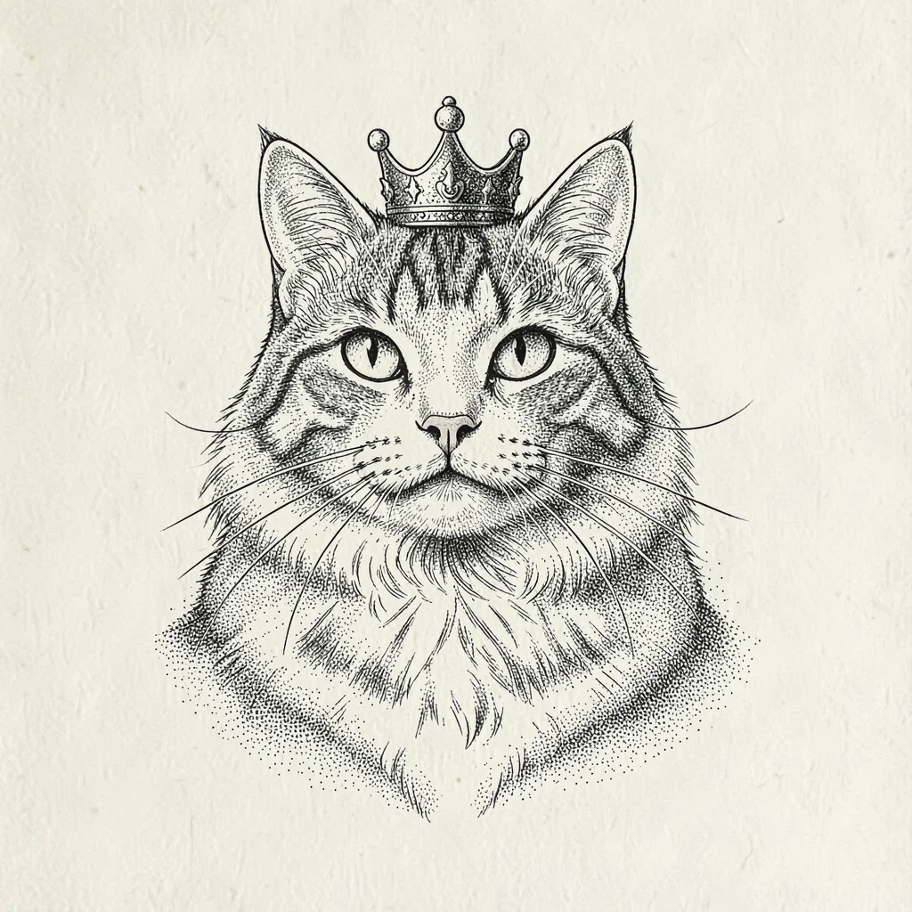 Pen-ink character study of a regal cat with a tiny crown, expressive line, cream