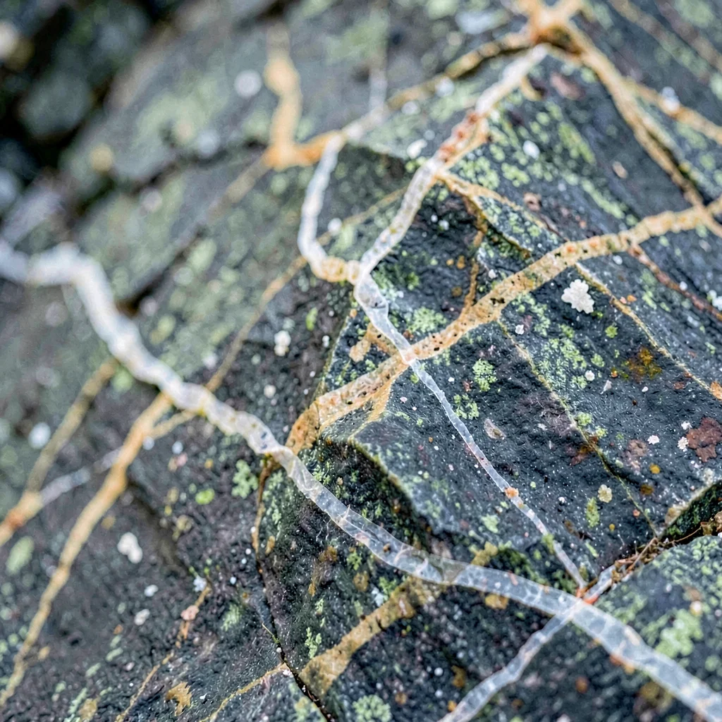 weathered alpine schist with quartz veins, geological detail