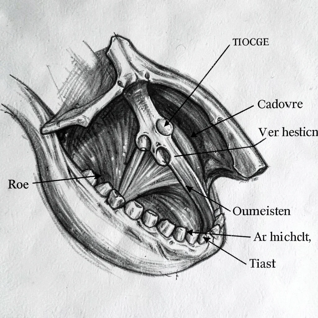 Charcoal anatomy study of a creature jaw with hinge muscles labeled visually, de