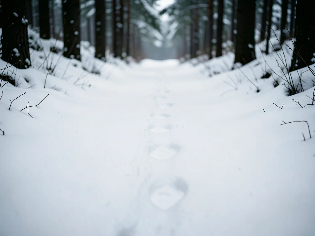 Snowy forest path with single set of footprints leading away, quiet