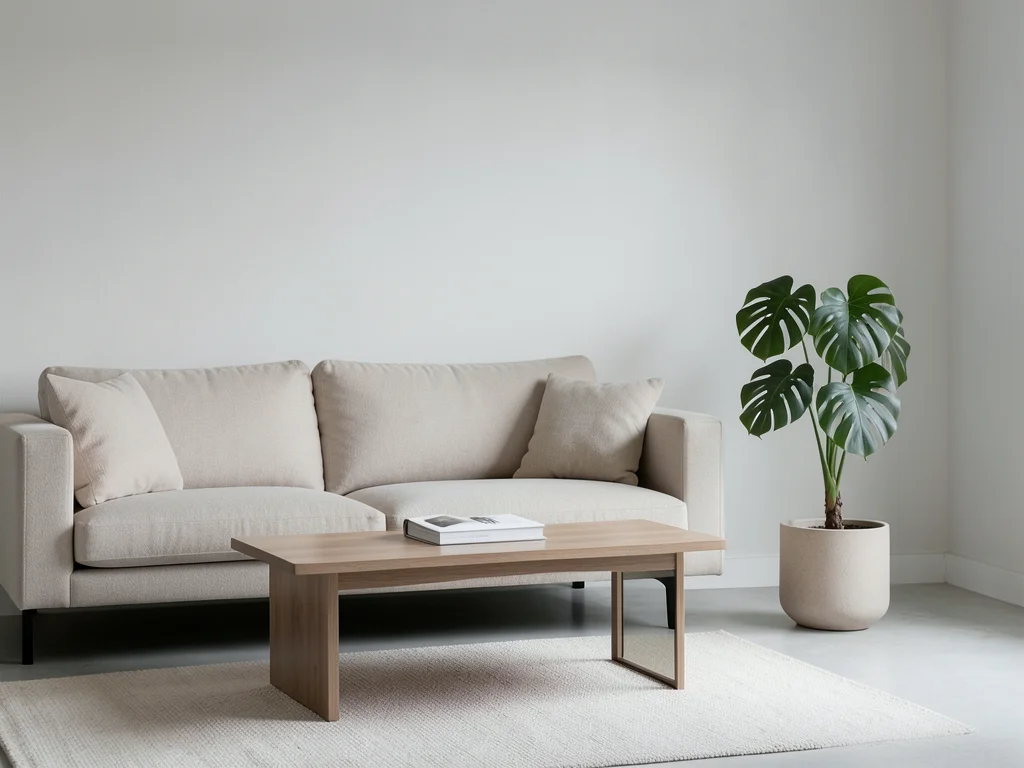 Minimalist living room with a beige sofa, coffee table book, and a single potted
