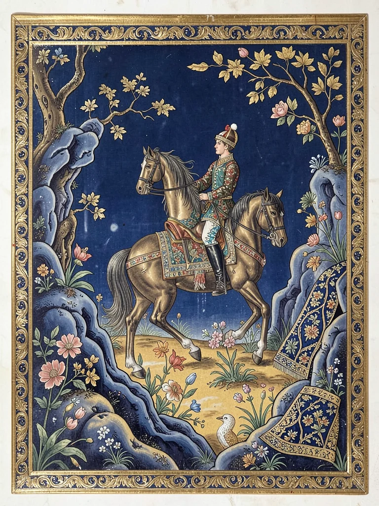 Falconer on horseback in an ornate landscape of stylized rocks and flowers