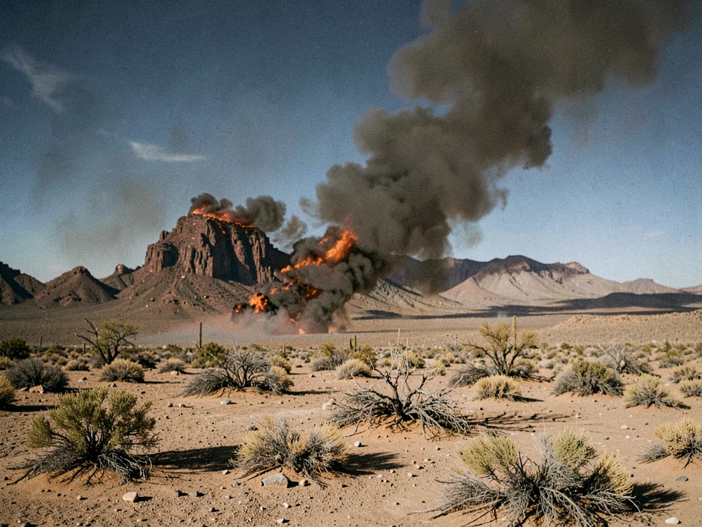 Desert landscape at noon with burnt-out sky and hard shadows