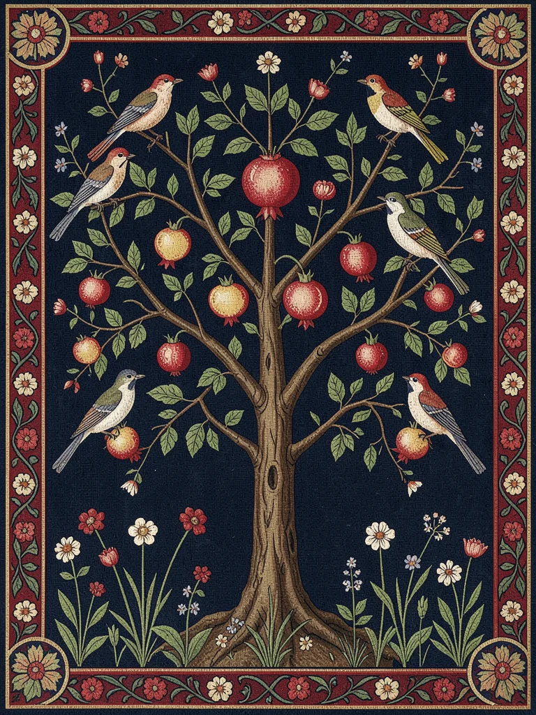 Pomegranate Tree with Birds on Red Ground