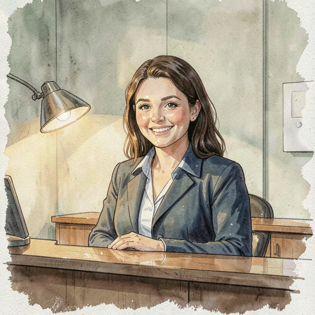 Practitioner portrait of a PT receptionist smiling at the front desk, warm after