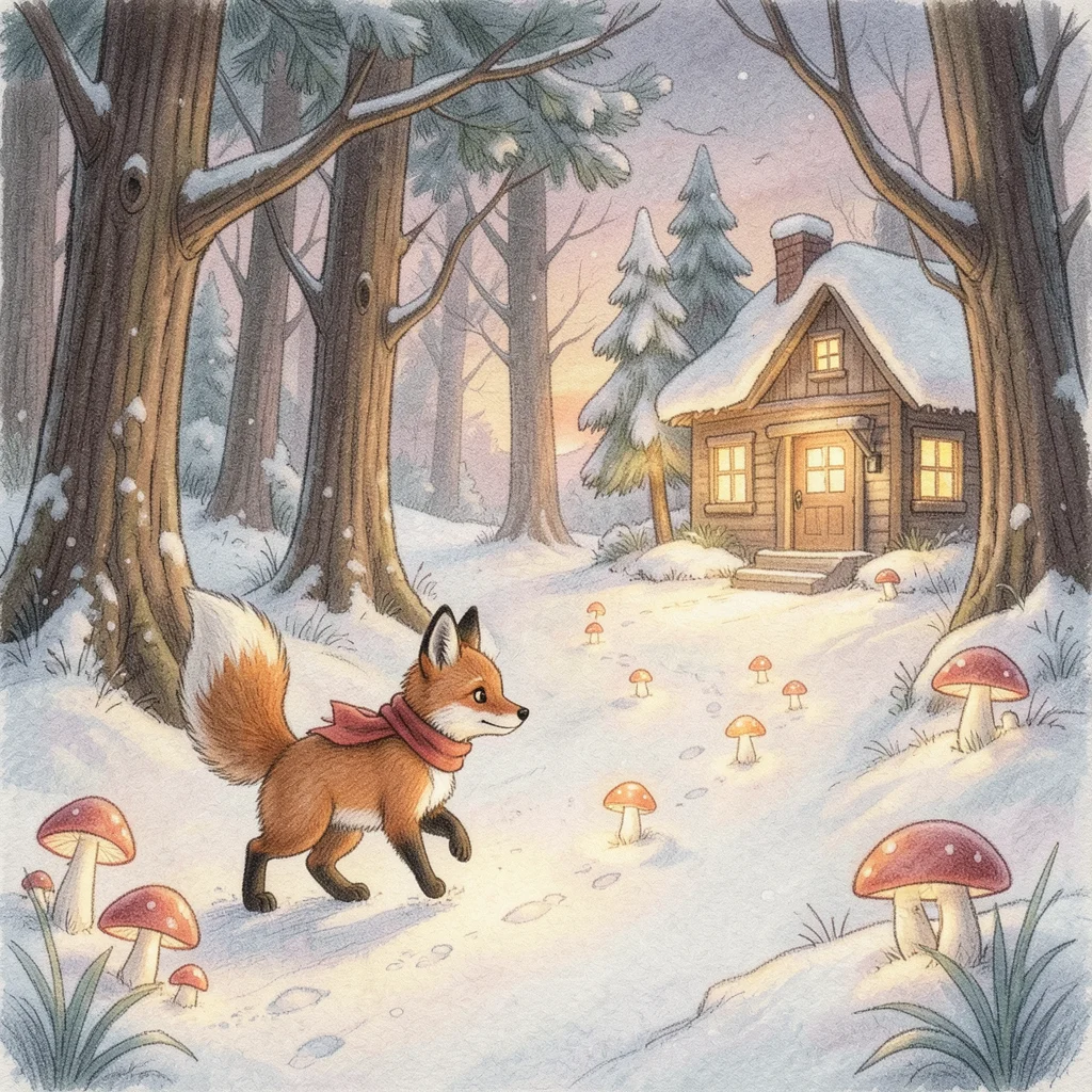 A small fox in a red scarf walking through a snowy forest at twilight, following