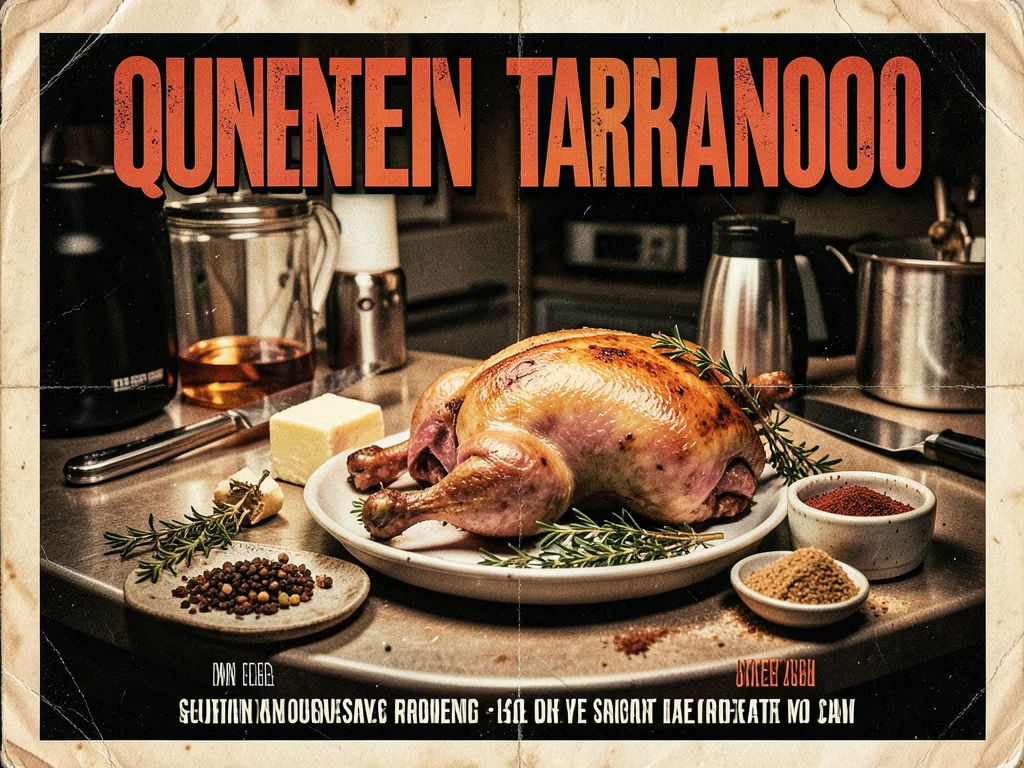 Turkey preparation scene, raw bird on counter with herbs, butter, seasoning