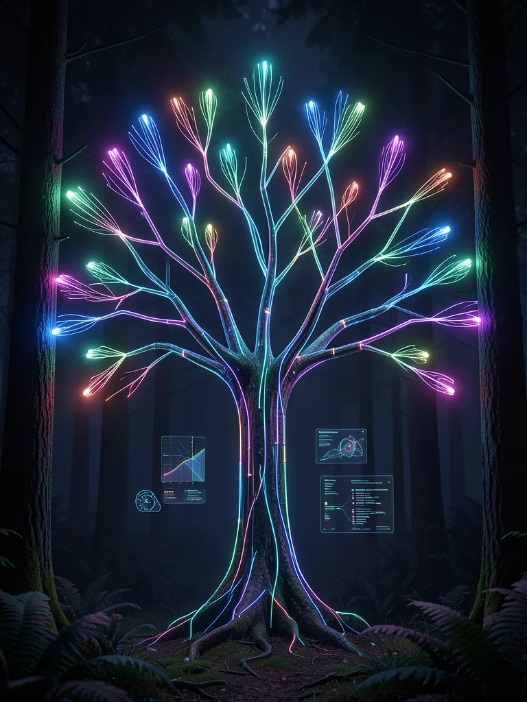 Tree with fiber optic branches, each leaf tip glowing different color, dark fore