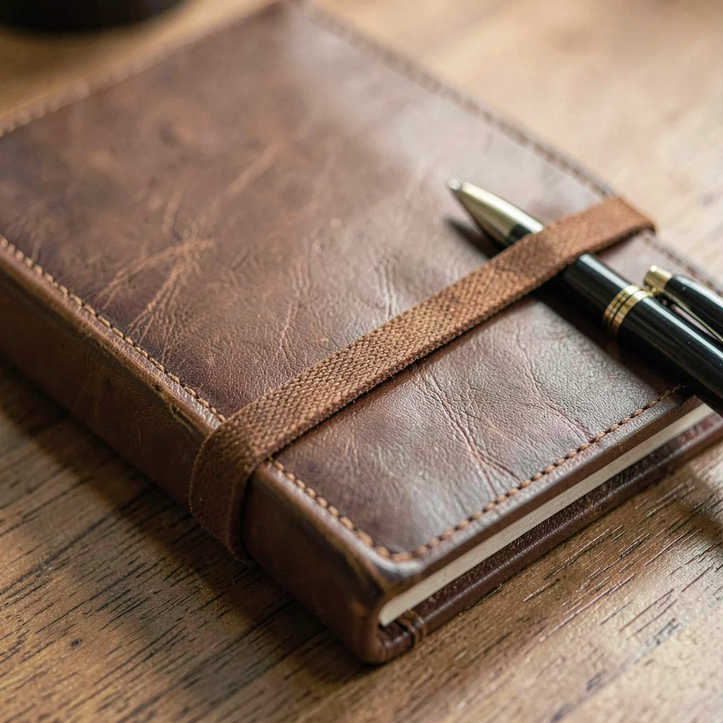 Macro of a leather portfolio with a ribbon bookmark and a pen tucked in the spin