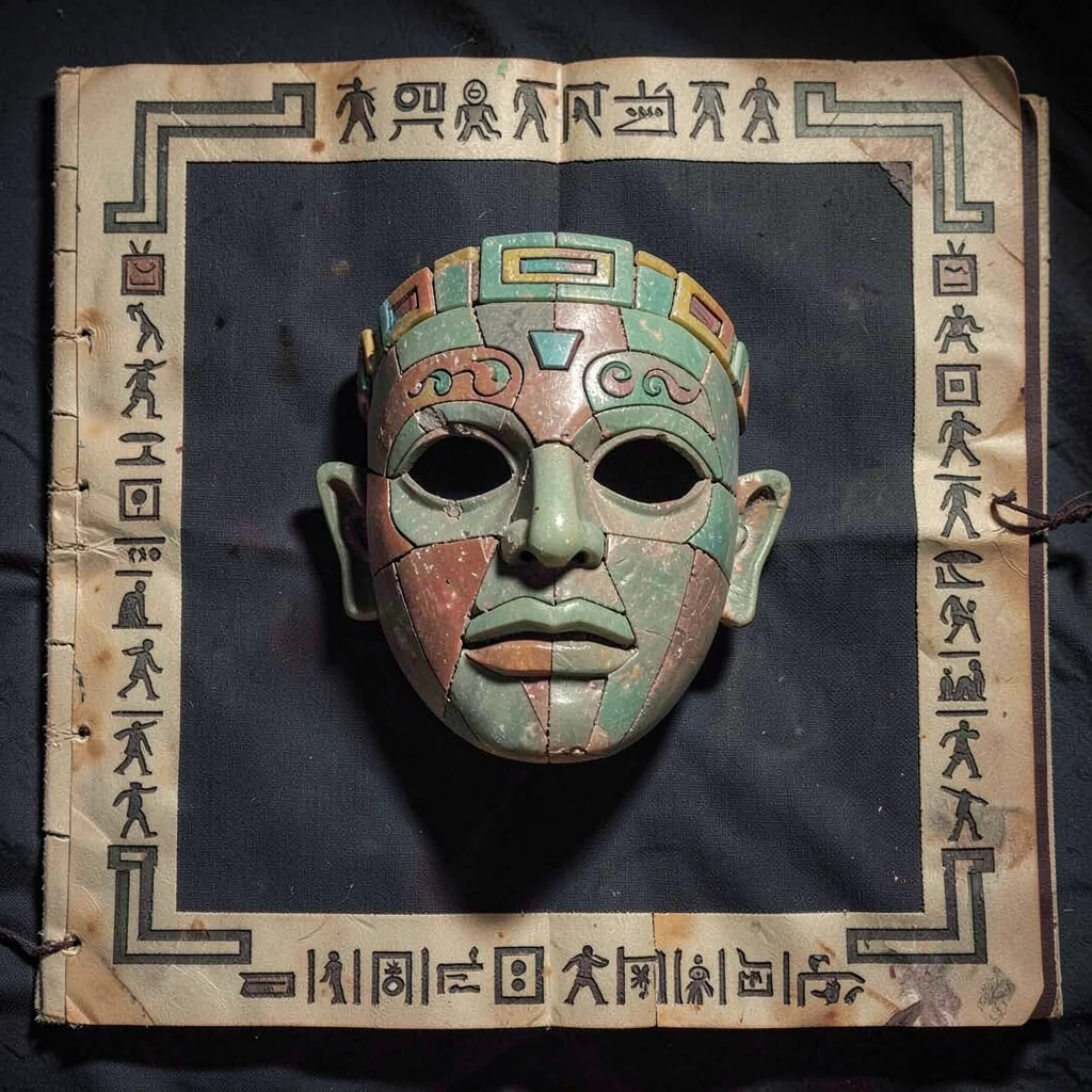 Jade mask displayed on dark cloth, frontal view, stone mosaic inlay catching lig