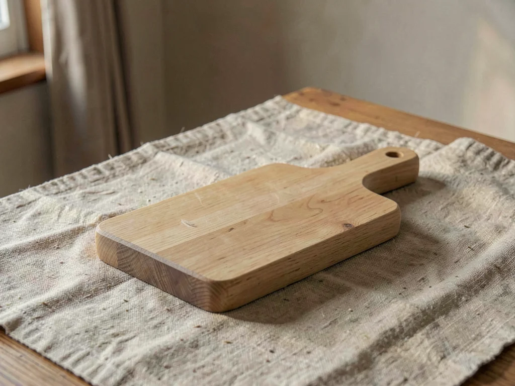 One handcarved wooden serving board of pale oak with handle cutout sitting centr