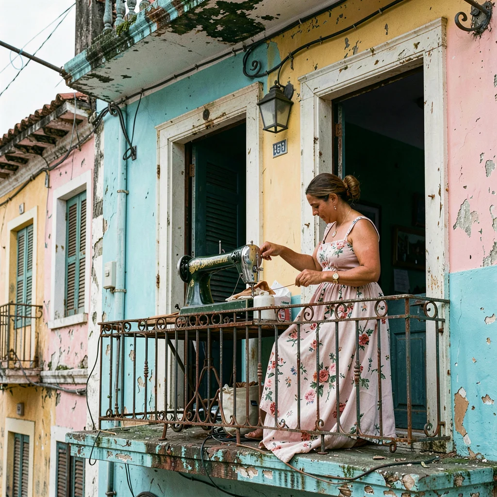 Havana preserved decay, improvised maintenance beauty, Woman hand-stitching a dr