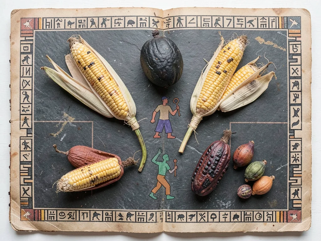 Dried ears of corn and cacao pods arranged in geometric flat-lay on dark stone