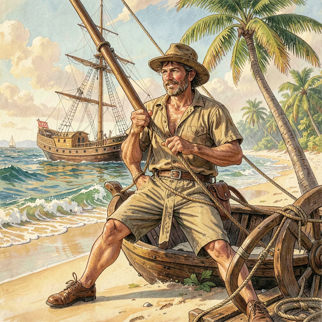 A shipwrecked sailor on tropical beach