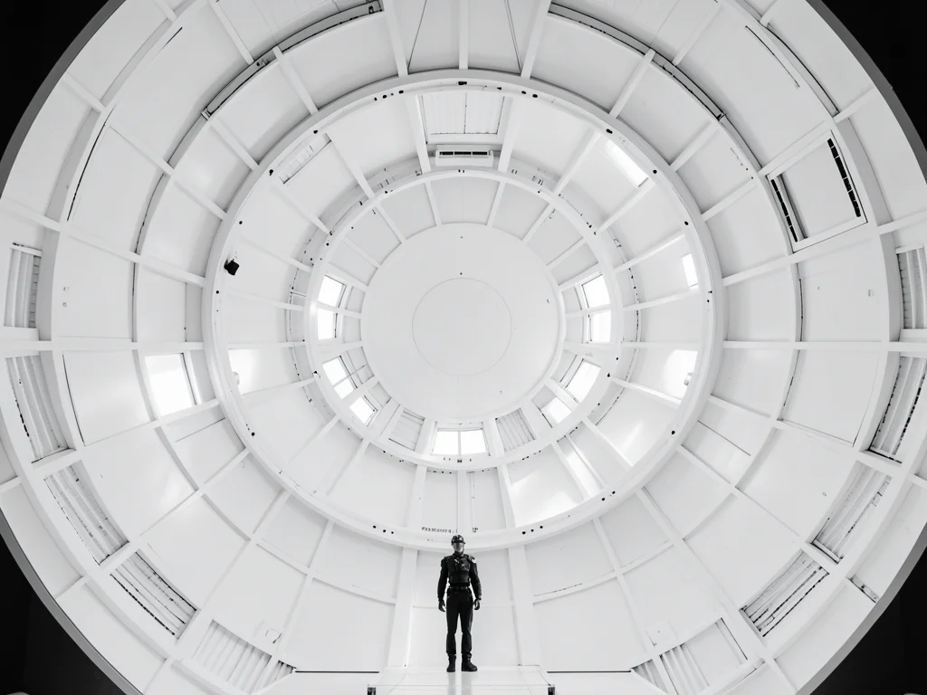 Circular space station interior, white, symmetrical, figure standing at center b