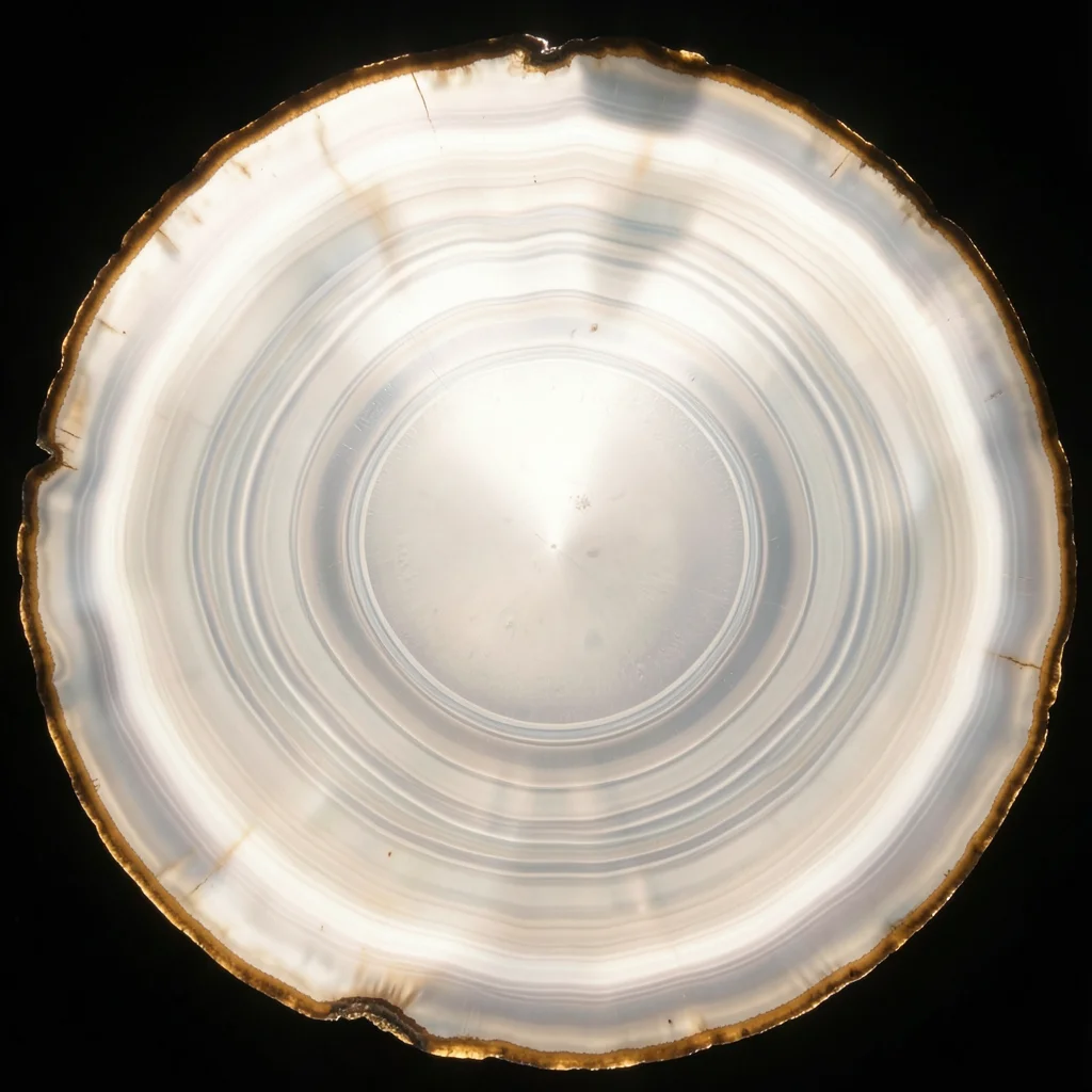 Cross-section of agate stone, concentric bands, backlit showing translucent laye