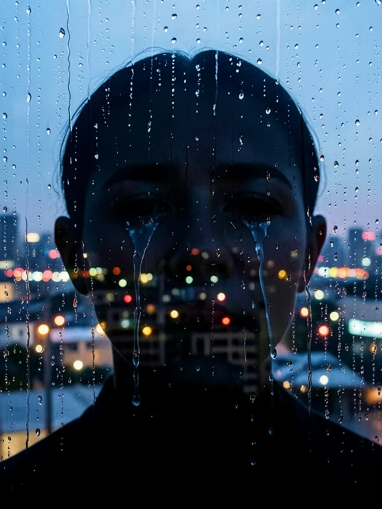 Crying face silhouette filled with rain on window, city lights beyond, double ex