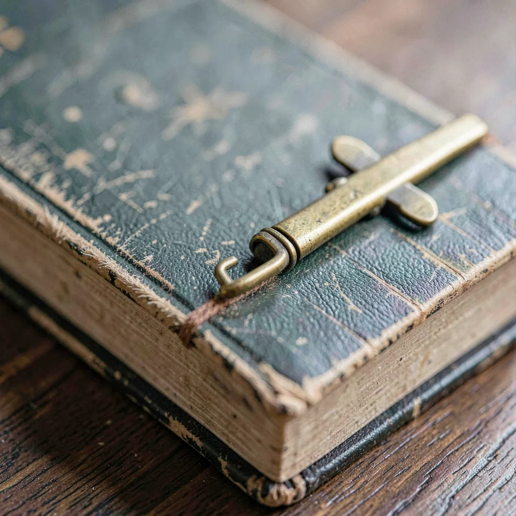 Vertical detail of a worn family bible with brass clasp, edges feathered