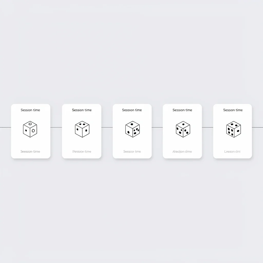 Linear timeline strip of six session-time cards left to right, each holding a sm