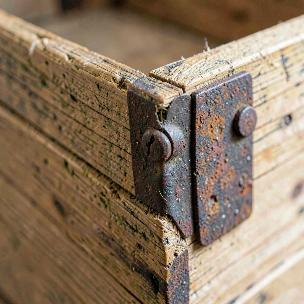 Mineral-cut texture of a worn wooden crate corner with rusted hardware