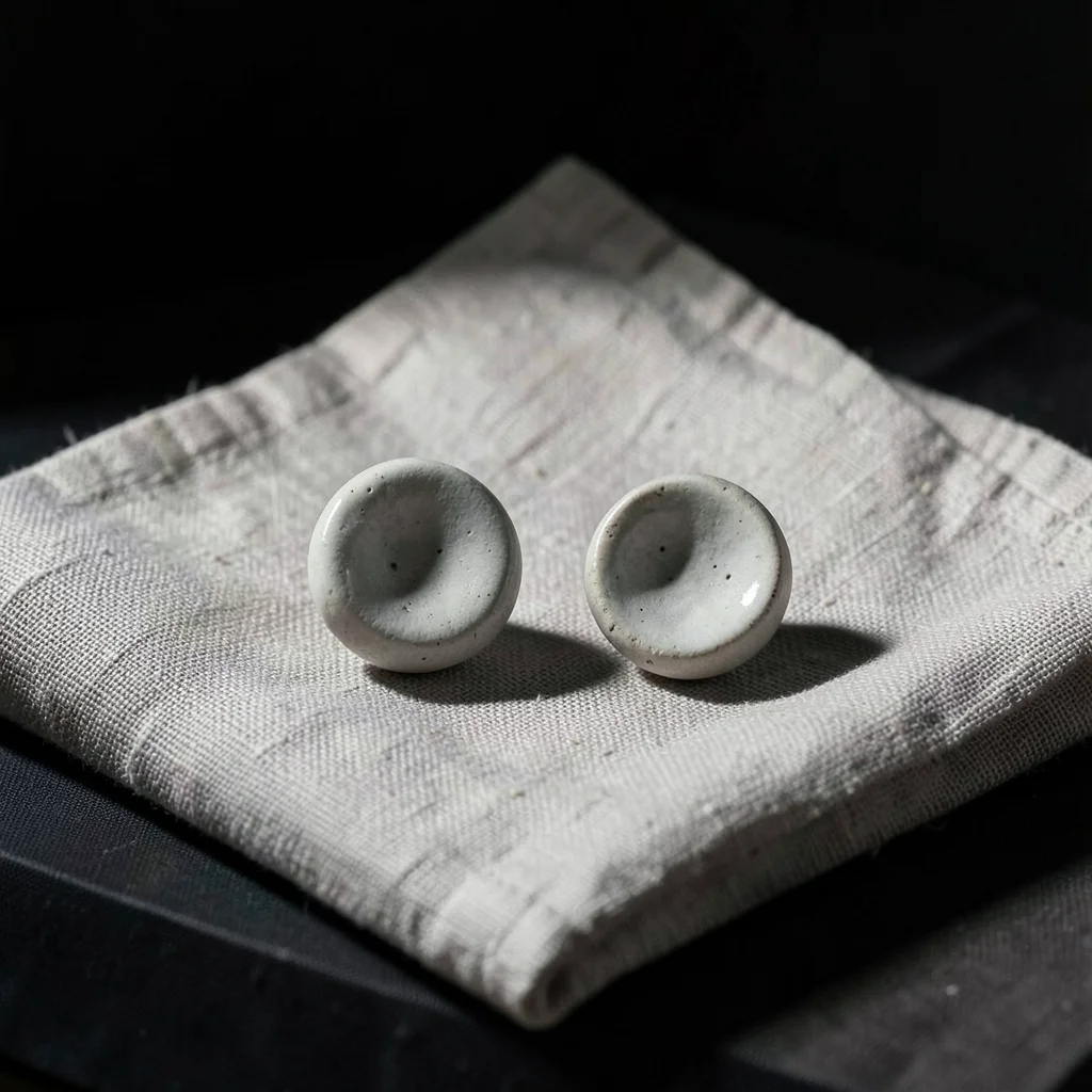 Pair of handmade ceramic earrings on a linen cloth, artisan jewelry display