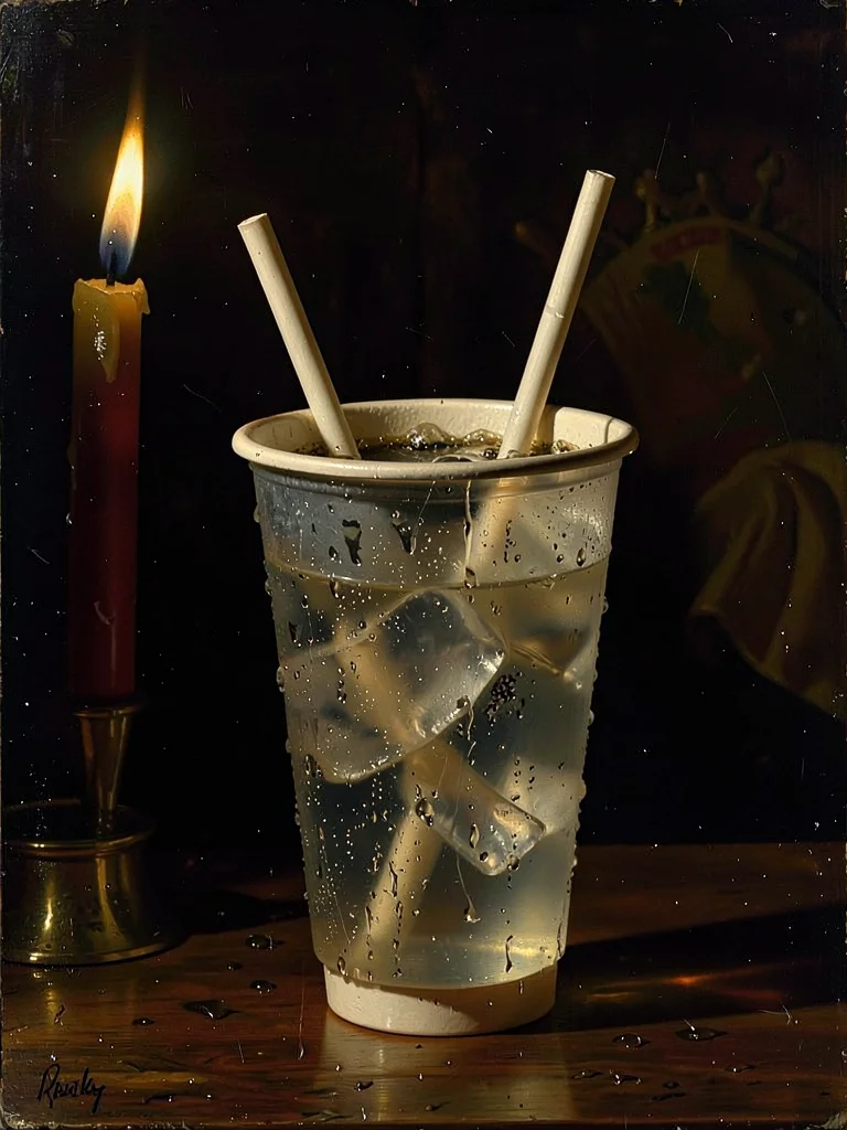 Paper cup of soda with straw, dramatic side lighting through condensation drople