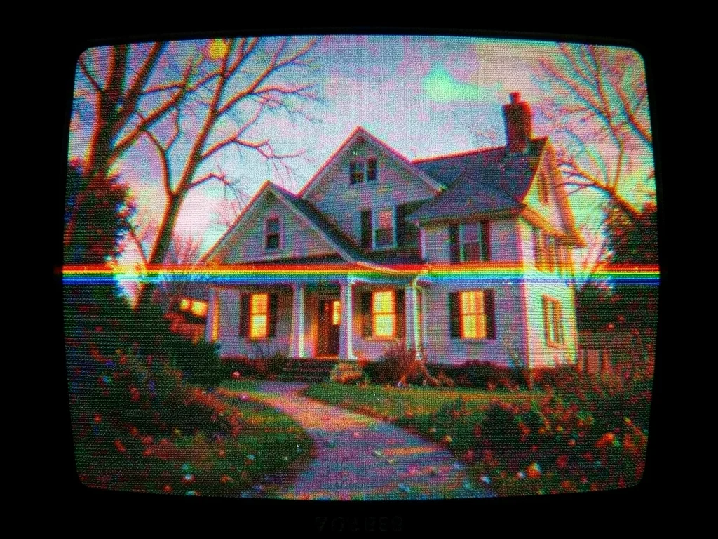 Paused VHS frame of spooky house, tracking distortion adding to horror