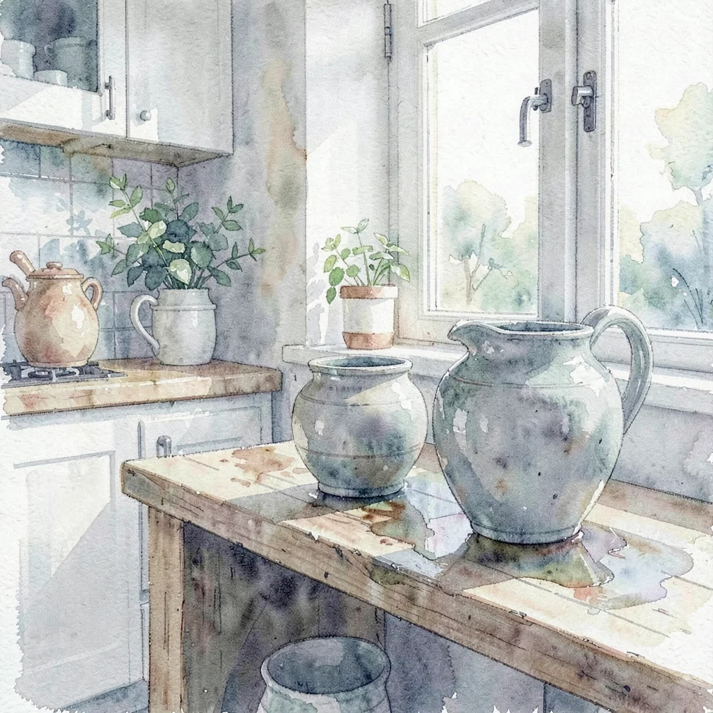 Soft wash interior of a kitchen with stoneware drying on a bench, cool morning p