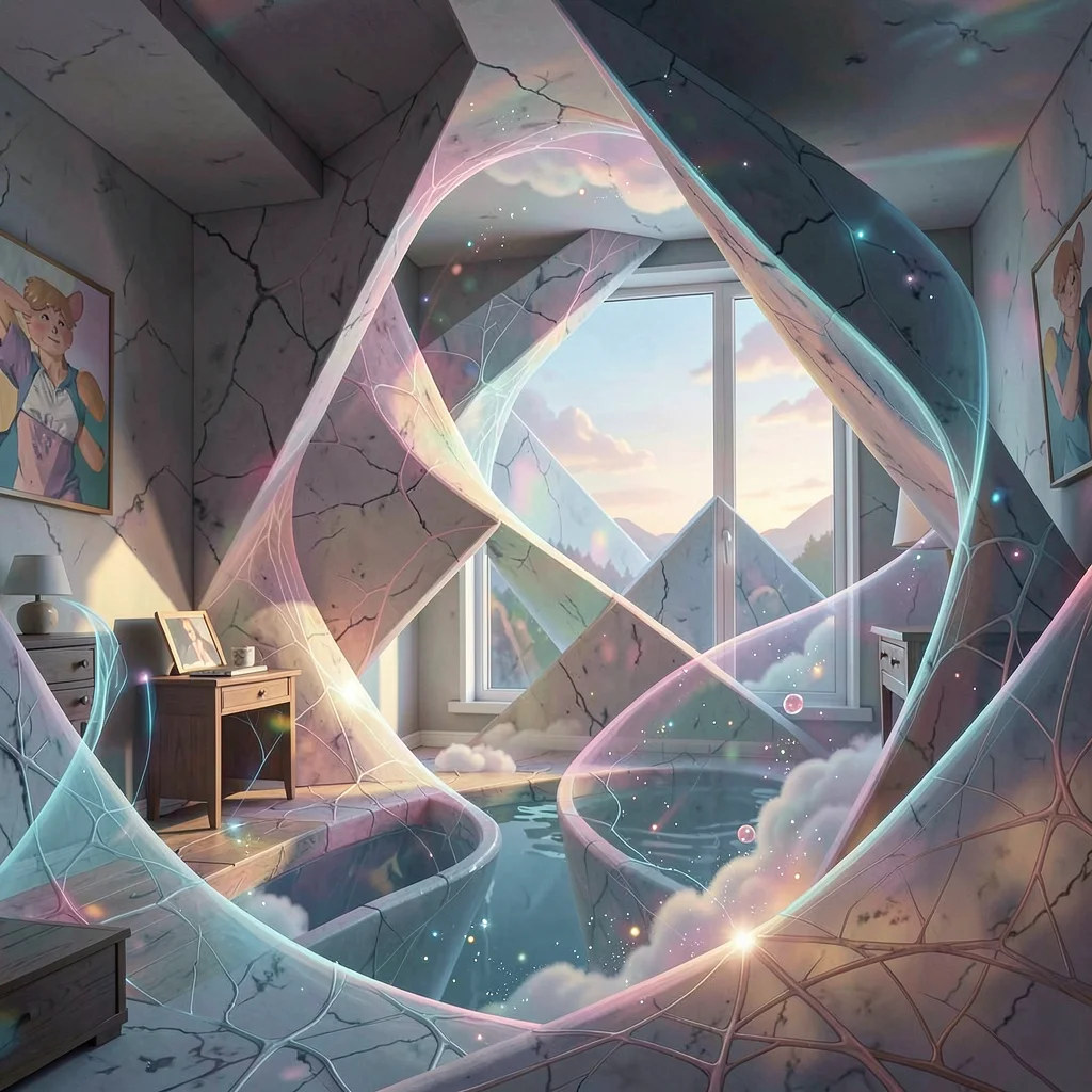 Neural network style illustration, room with impossible geometry , diffusion mod
