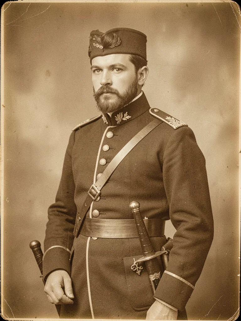 A Victorian soldier in uniform — formal studio portrait, sword at side