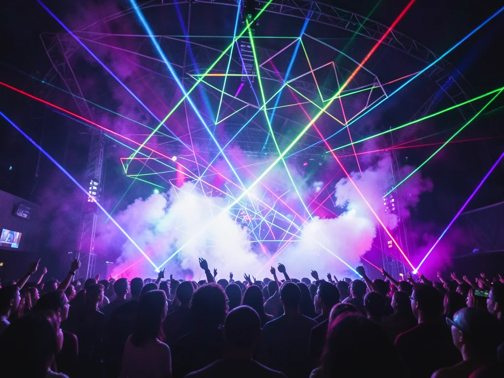 Laser beams through fog machine, geometric patterns, concert-like atmosphere