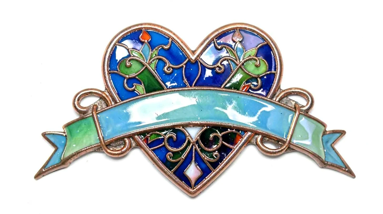 Cloisonné enamel illustration, heart with banner , copper wire outlines, glass e