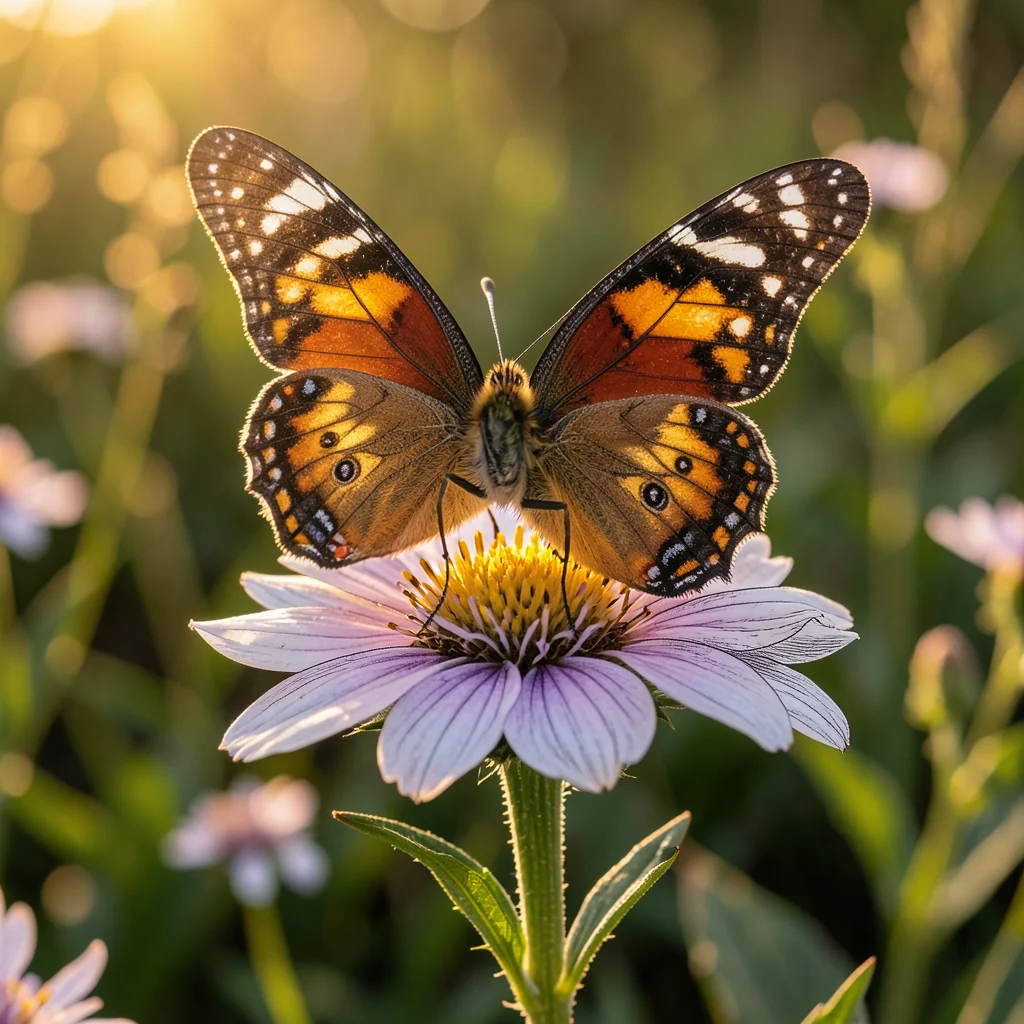 Butterfly on flower, butterfly is photorealistic, flower is detailed botanical p