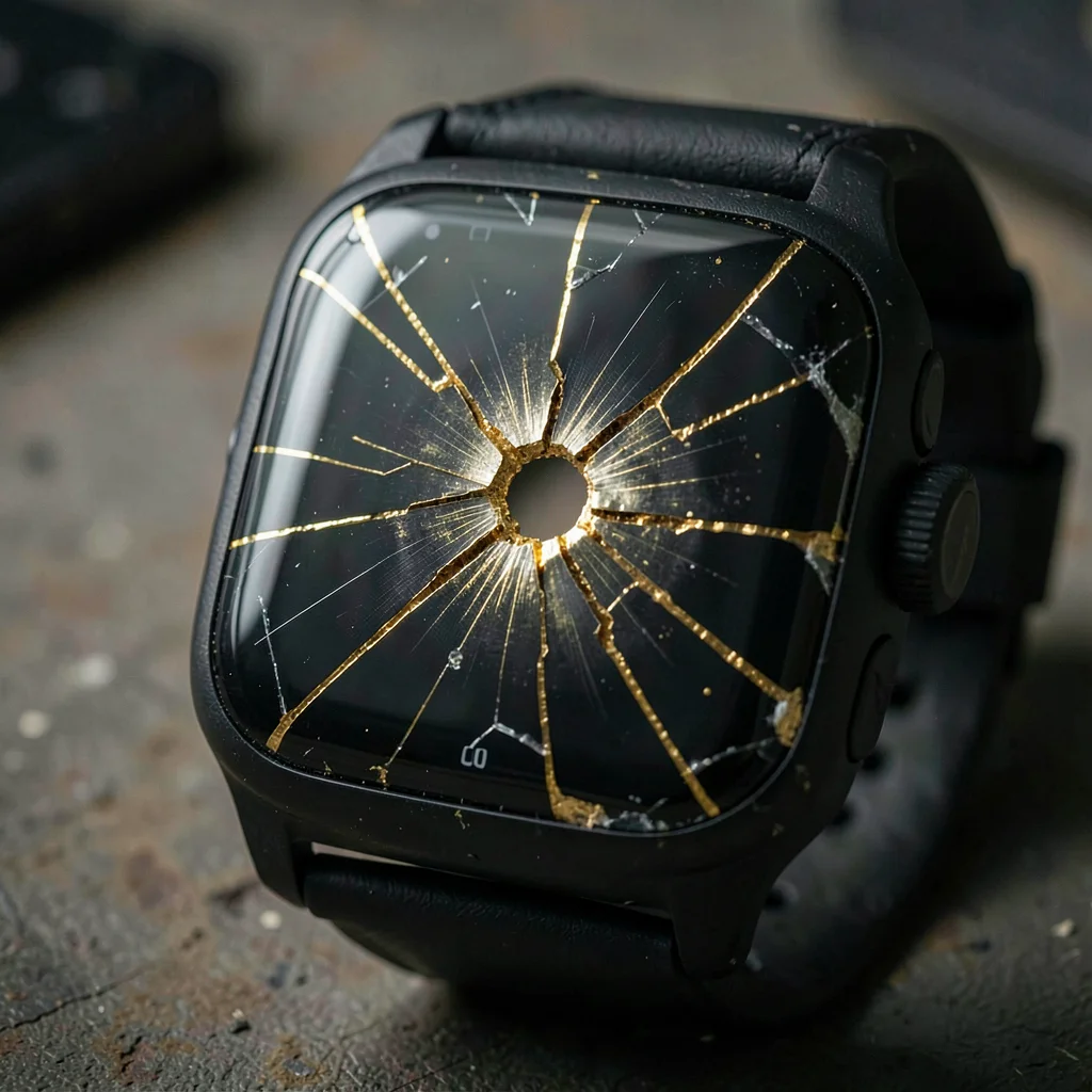 Broken smartwatch face with gold-filled cracks radiating from center impact