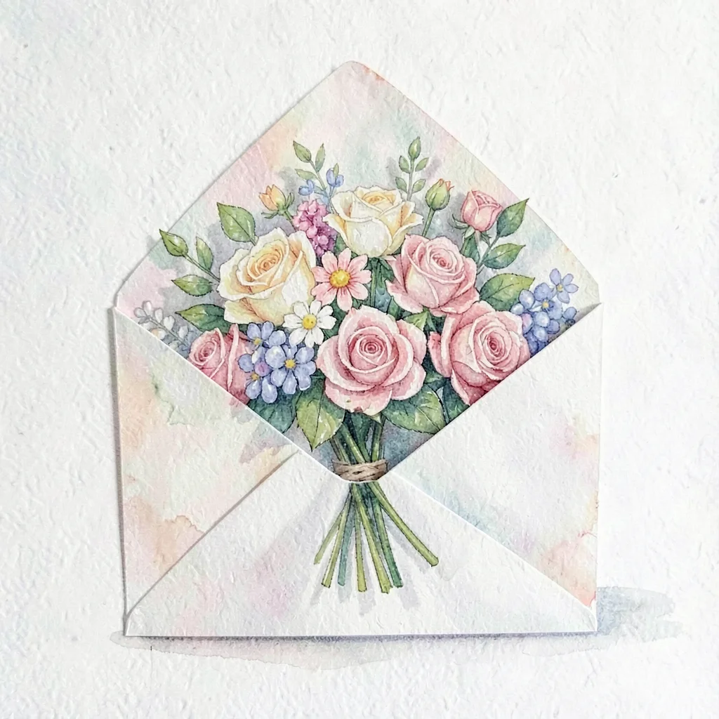 Papercraft of a folded paper envelope opened to reveal a layered flower bouquet 