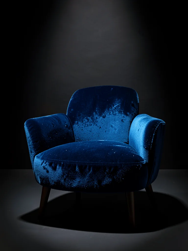 Blue velvet chair in spotlight, singular luxury, furniture portrait