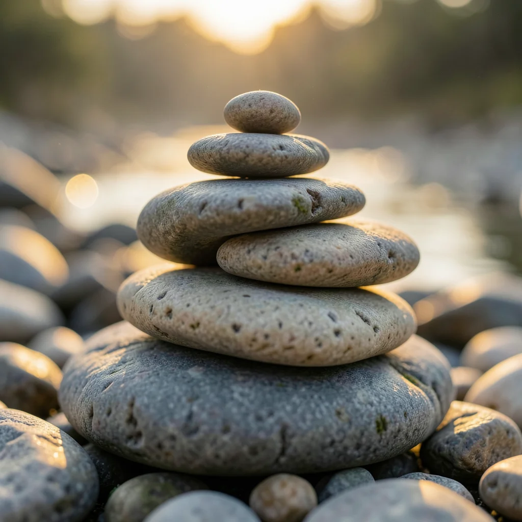 Stack of smooth river pebbles, grey and beige tones, zen minimalist