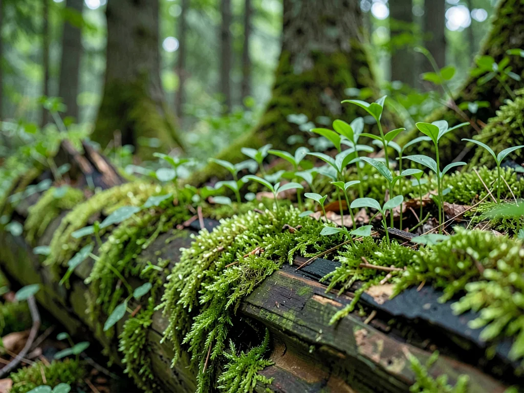 Nurse log covered in moss supporting seedlings