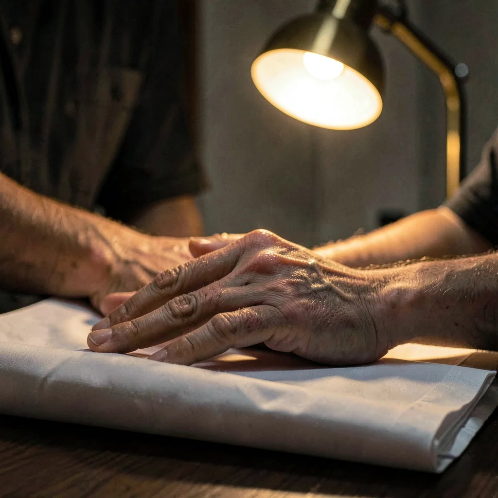 Portrait of a practitioner's hands resting on a folded white sheet, warm brass d