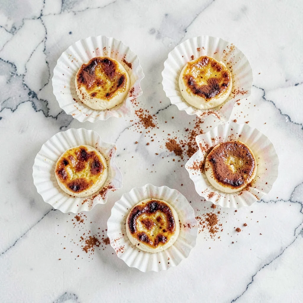 Overhead of pastel de nata in their fluted shells, caramelized tops glowing, dus